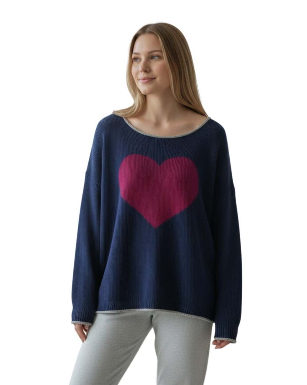 Natural Life Carson Heart Knit Sweater Size L/XL Blue Pink Slouchy Boatneck Boho